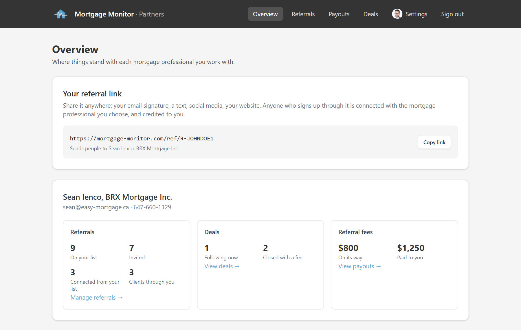 Partner portal overview: referral link, referral counts, deals followed, referral fees on their way and paid